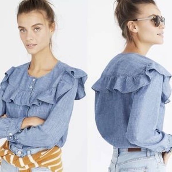 Madewell | Chambray Long Sleeve Ruffled Yoke Bib Cottage Core Prairie Blouse - Picture 15 of 15
